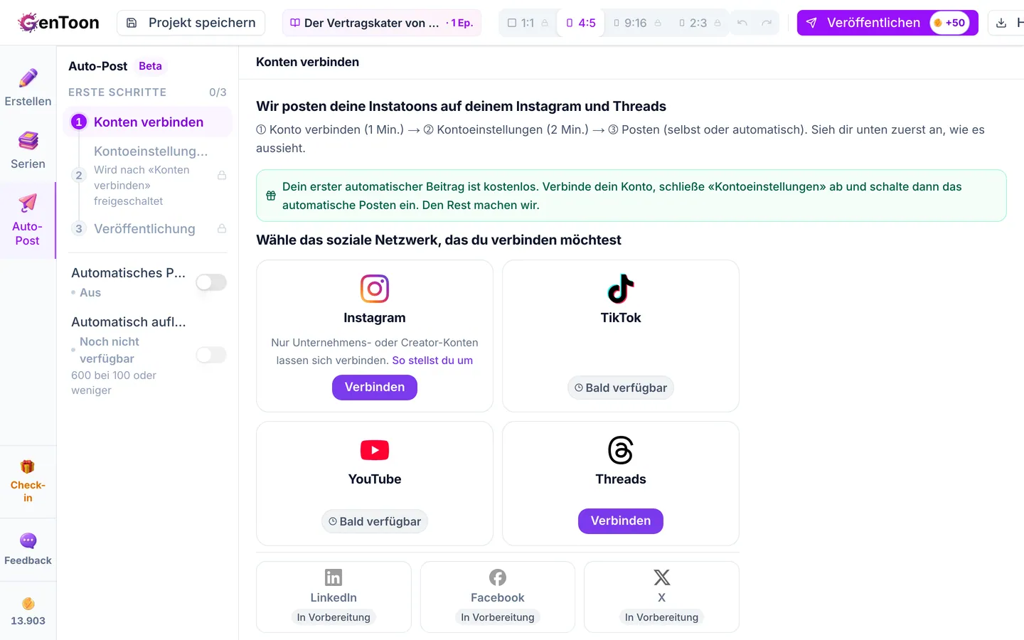 Öffne den Tab Auto-Post und verbinde im Schritt Konten verbinden dein Instagram- oder Threads-Konto. Eine Anleitung findest du unter Social-Media-Konten verbinden.