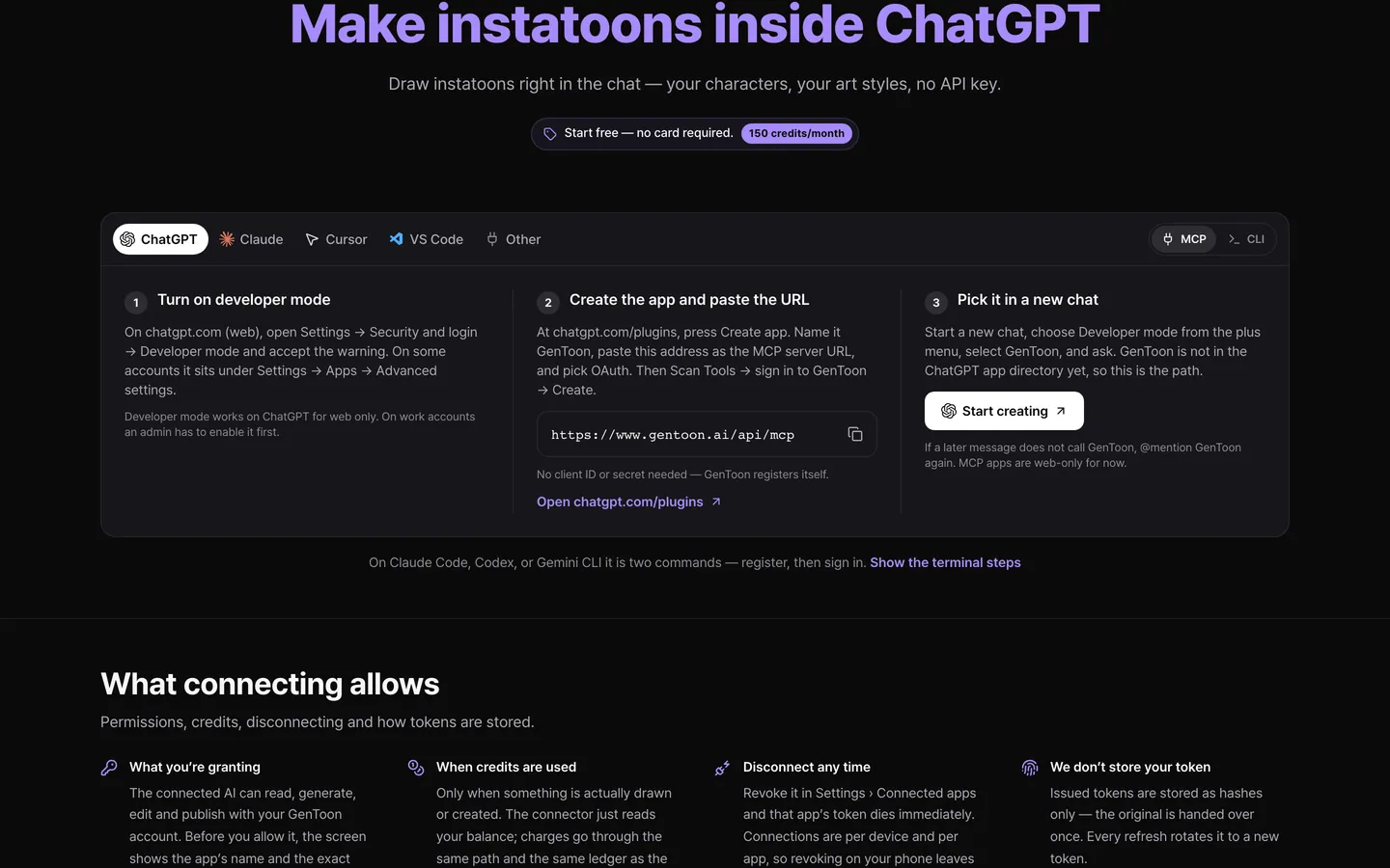 The MCP connection guide page — copy the address and pick your AI app.