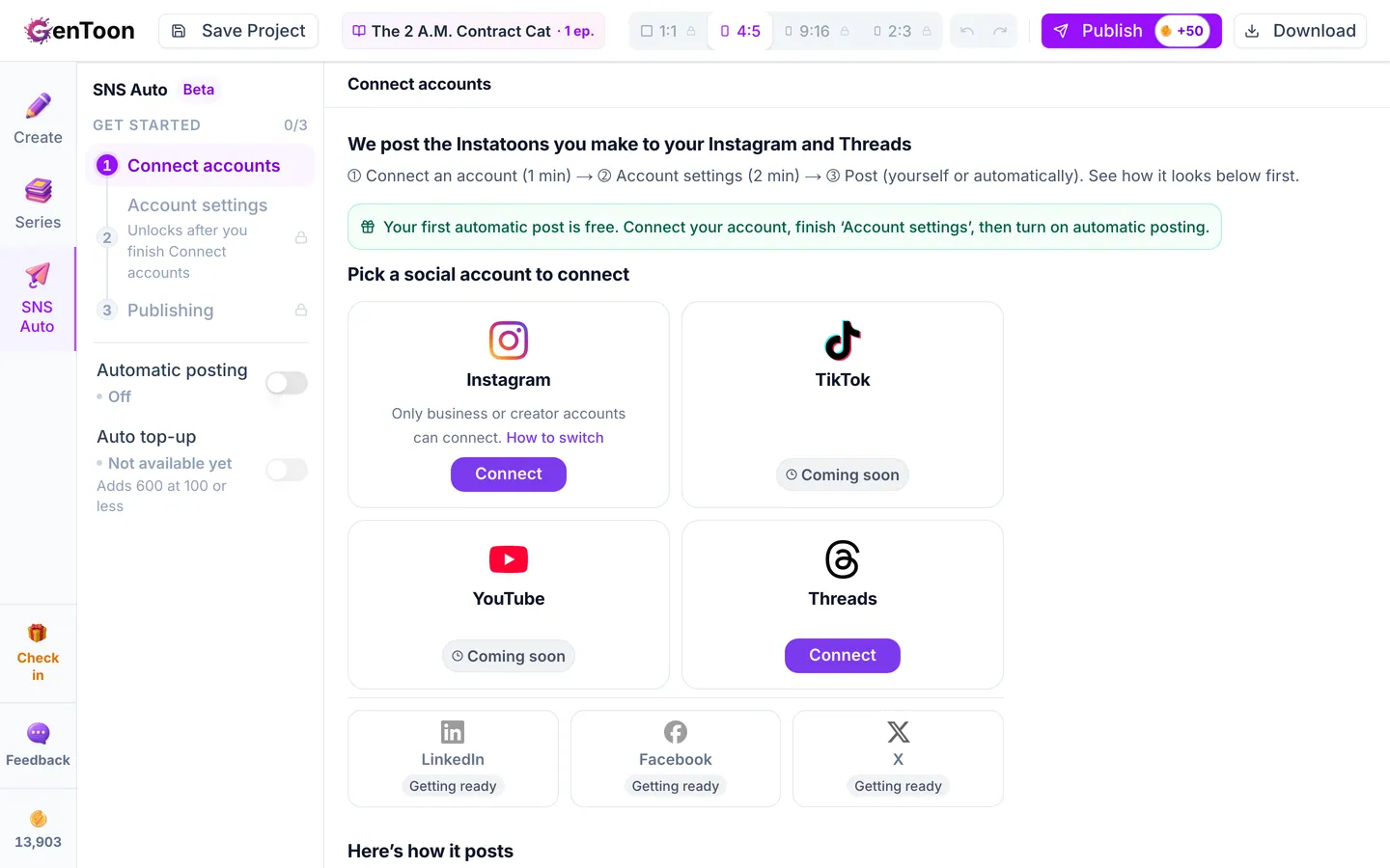 Open the SNS Auto tab and connect your Instagram or Threads account in the Connect accounts step. For details, see Connect your social accounts.