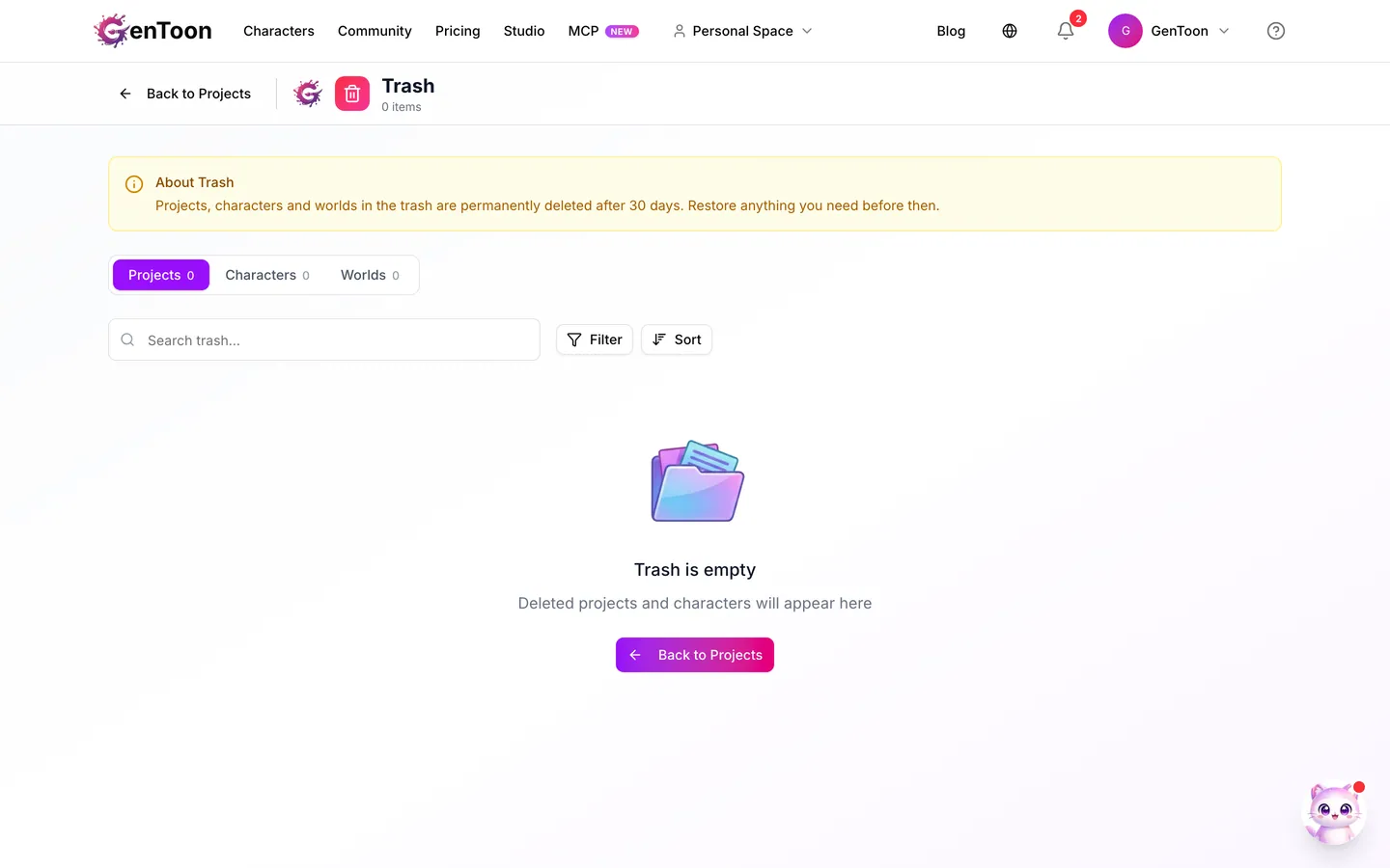 Choose the Projects, Characters, or Worlds tab.
