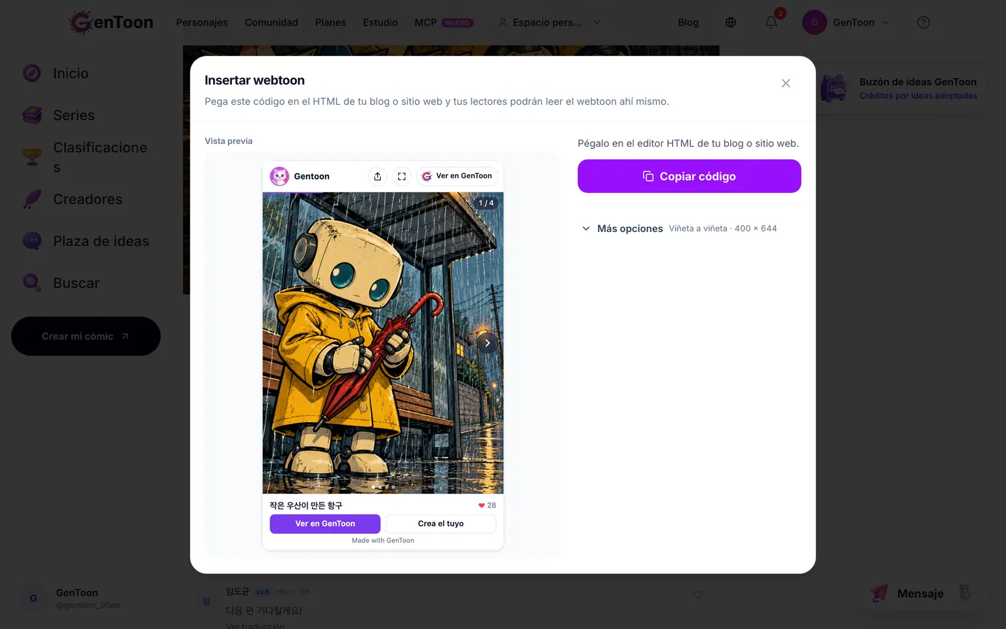 Si tu sitio convierte los enlaces pegados en el webtoon, como sucede con una instalación propia de WordPress, haz clic en Copiar enlace y pega el enlace en tu publicación.