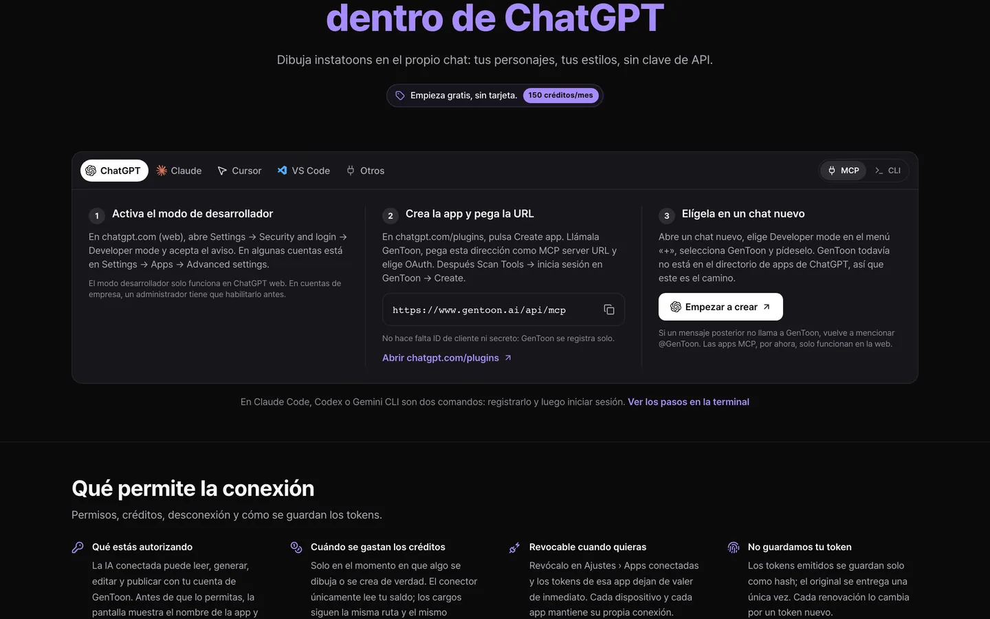 La página de guía de conexión MCP: copia la dirección y elige tu app de IA.
