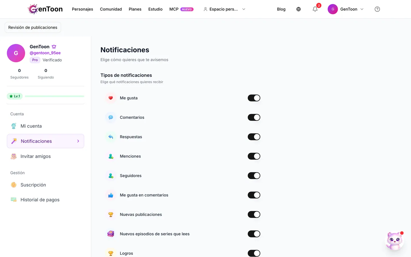 La pantalla de configuración de Notificaciones