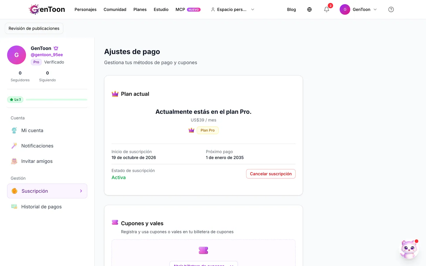 Cuando completes el pago en Planes, tu plan se activará de inmediato y se añadirán los créditos del plan. Puedes consultar la información en Mi cuenta › Suscripción.