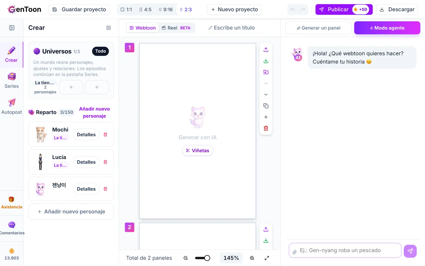 Se abrirá un proyecto nuevo. La primera vez que visites el Estudio, aparecerá un breve consejo que señala el cuadro de mensaje. Haz clic en el botón del consejo para cerrarlo.