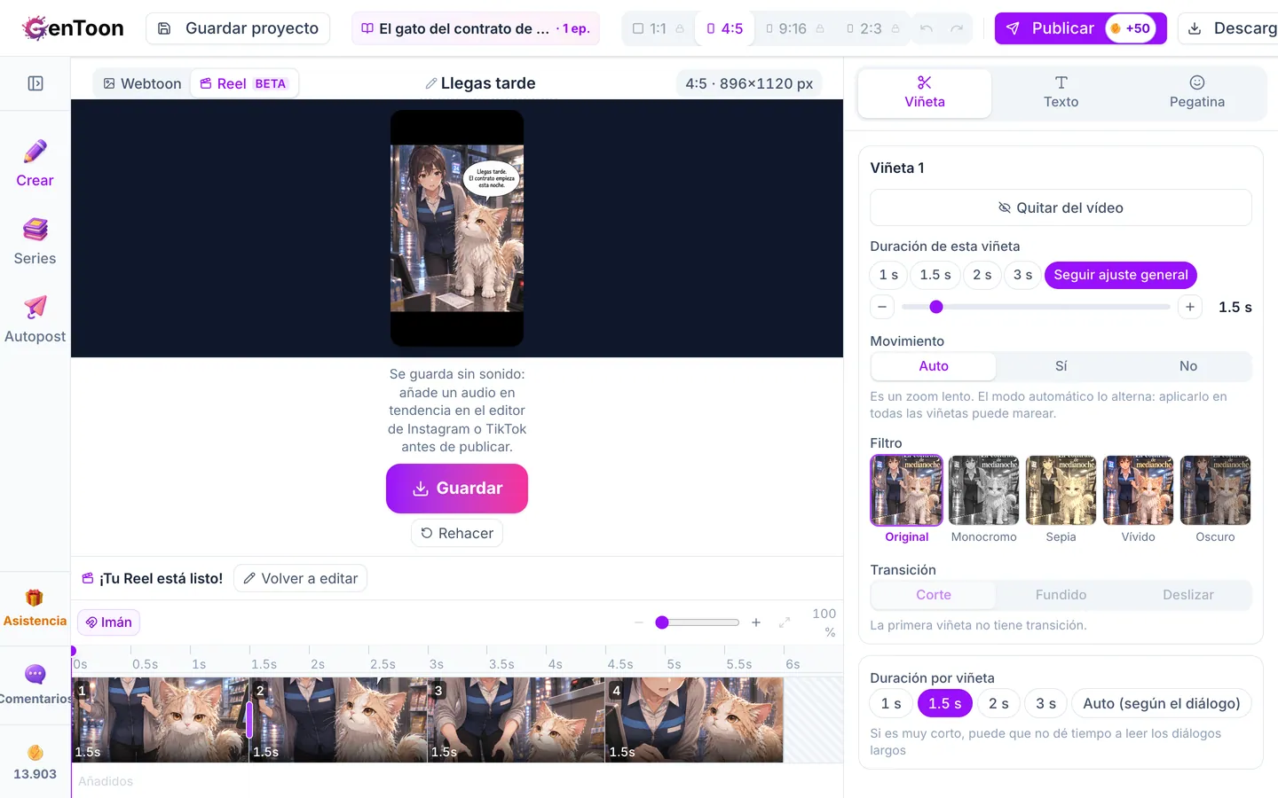 Cuando termine, haz clic en Guardar para descargar el archivo MP4. En teléfonos y tabletas, primero verás Compartir para que puedas enviarlo directamente a aplicaciones como Instagram o TikTok.