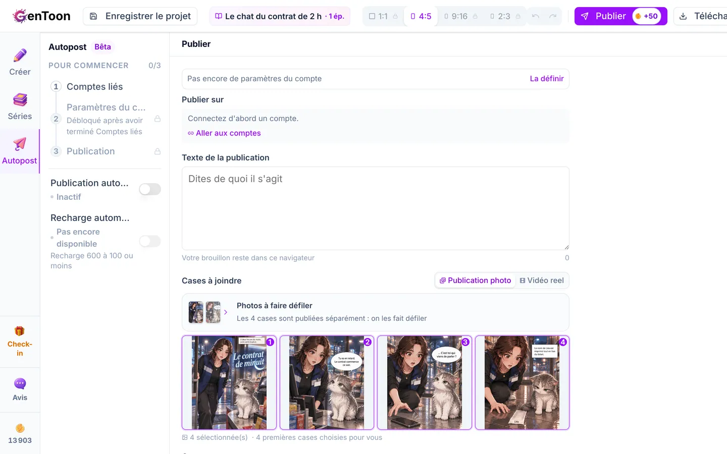Sous Cases à joindre, cliquez sur les cases que vous souhaitez publier. Elles sont numérotées dans l’ordre où vous les sélectionnez. Les premières cases sont déjà sélectionnées par défaut. Couverture est activée par défaut. Lorsqu’une phrase suggérée par l’IA apparaît dans le champ Phrase d’ouverture, une couverture avec cette phrase sur votre première case est publiée en première image (ou en première scène d’un reel). Vous pouvez modifier la phrase ou cliquer sur Publier sans couverture pour ne pas ajouter de couverture.