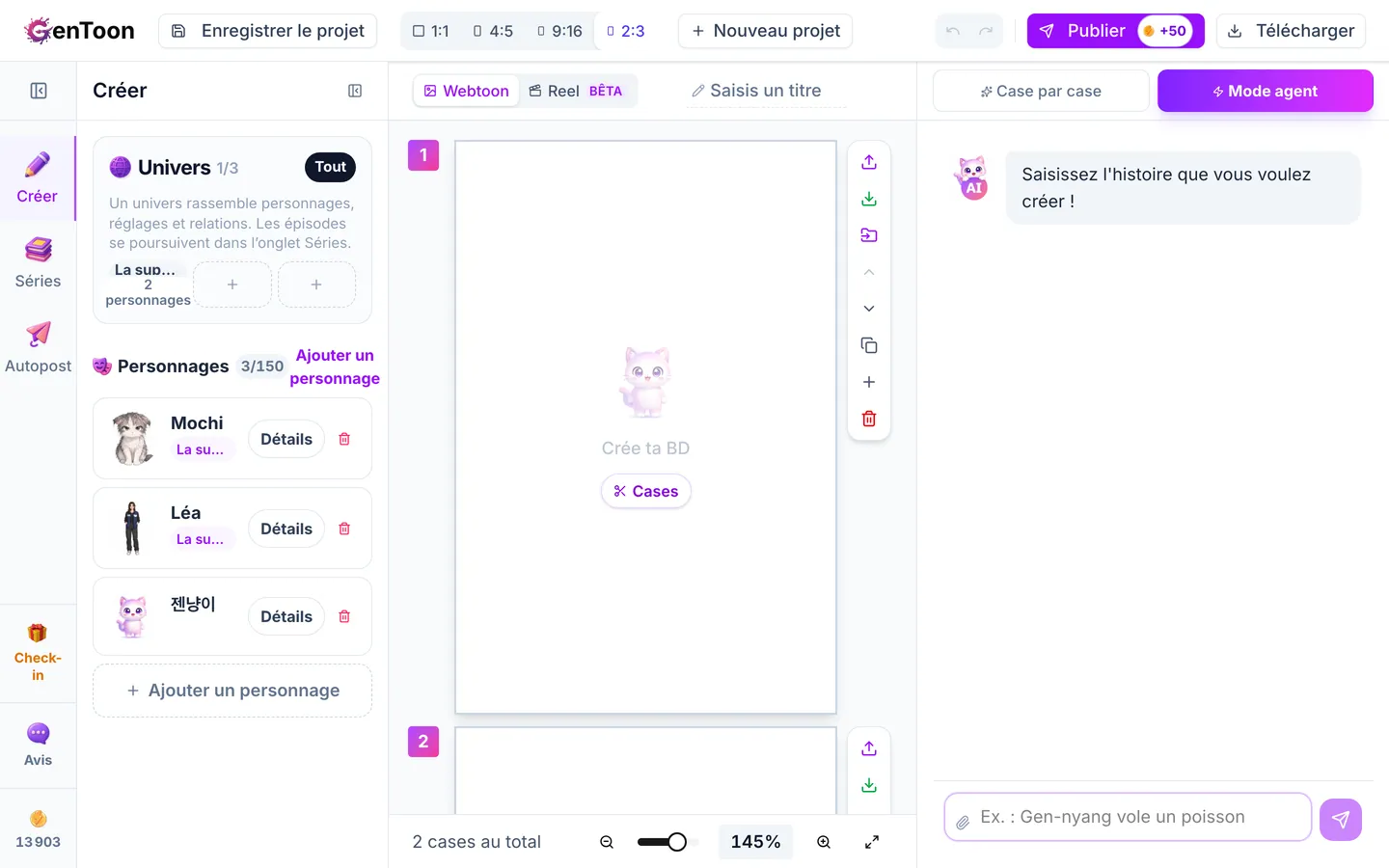 Un nouveau projet s’ouvre. Lors de votre première visite dans le Studio, une courte astuce vous indique la zone de message. Cliquez sur le bouton de l’astuce pour la fermer.