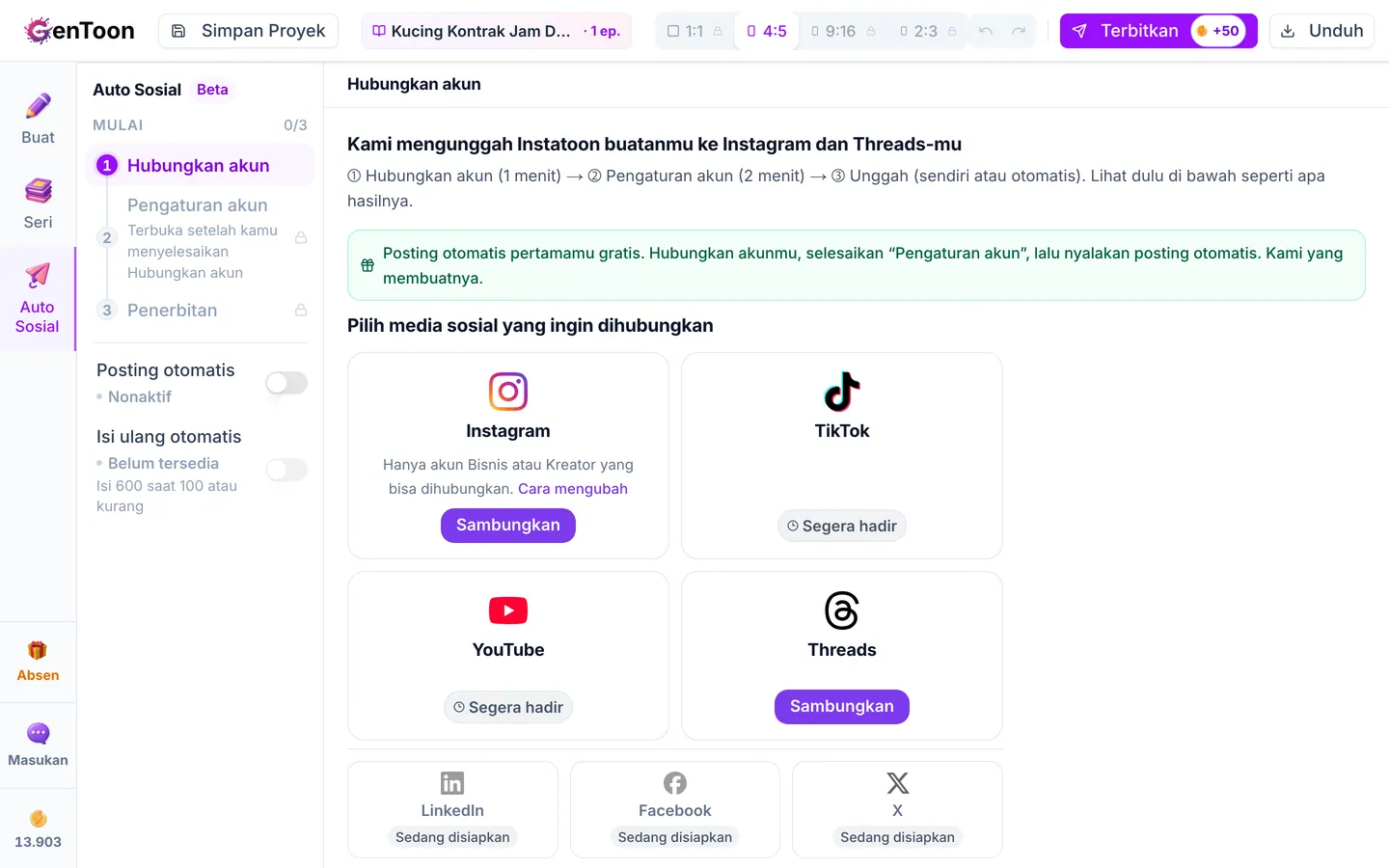 Buka tab Auto Sosial, lalu hubungkan akun Instagram atau Threads-mu di langkah Hubungkan akun. Untuk detailnya, lihat Menghubungkan akun media sosial.