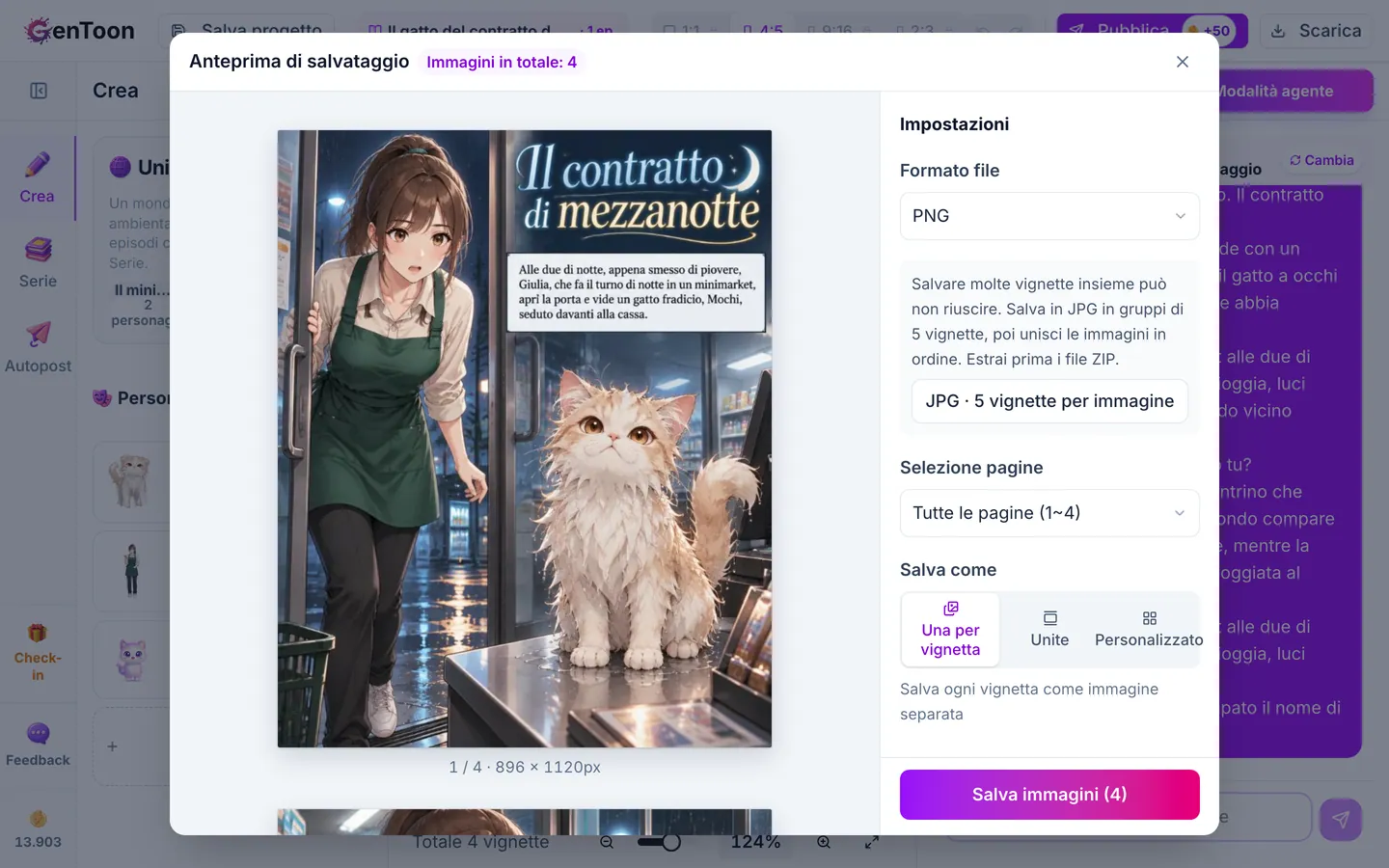 Con il piano Pro o uno superiore, l’anteprima non mostra la filigrana. Controllala e poi salva. Scaricare di nuovo non consuma crediti.