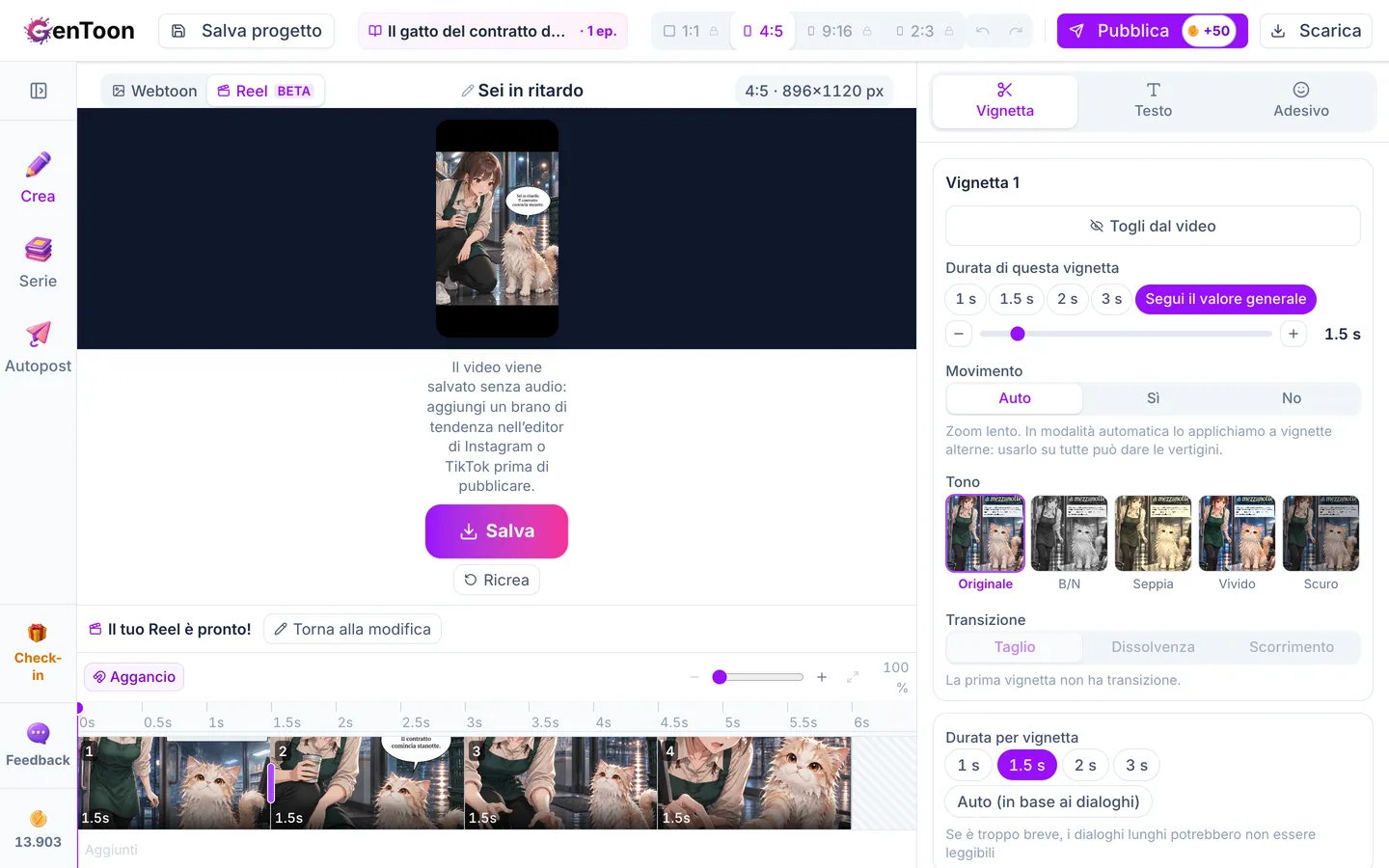 Quando il video è pronto, fai clic su Salva per scaricare il file mp4. Su telefoni e tablet, prima vedrai Condividi, così potrai inviarlo direttamente ad app come Instagram o TikTok.